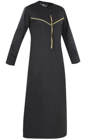 Omani Embroidery Mens Thobe for Sale UK Online With Tassel Color Black Royal Premium Fabric Gulf Style for Jummah Namaz, Eid Prayer