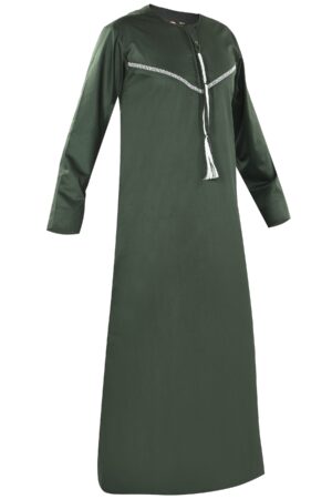 Omani Embroidery Mens Thobe for Sale UK Online With Tassel color Dark Green Royal Premium Fabric Gulf Style for Jummah Namaz, Eid Prayer