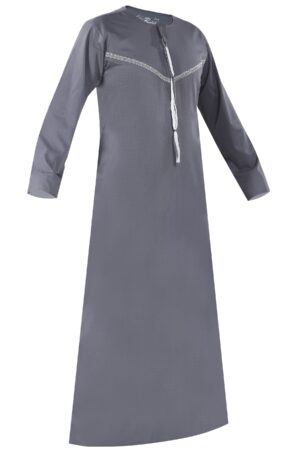 Omani Embroidery Thobe for Sale UK With Tassel color Light Ash Buy Royal Premium Fabric Gulf Style for Jummah Namaz, Eid Prayer